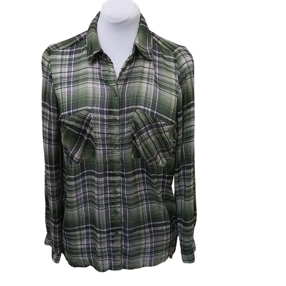 Band of Gypsies Green Plaid Paisley Mixed Media Button Down Shirt XS